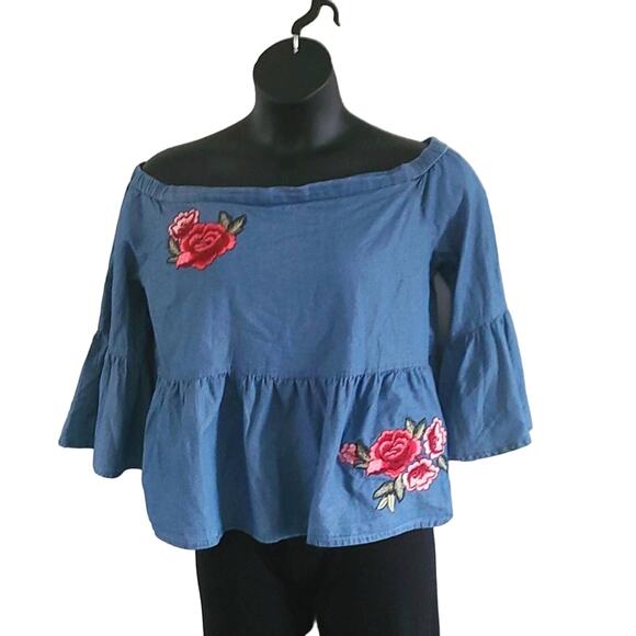 A.N.A Denim Off Shoulder Blouse with Floral Embroidery – Size Large – 3/4 sleeve - Picture 4 of 6